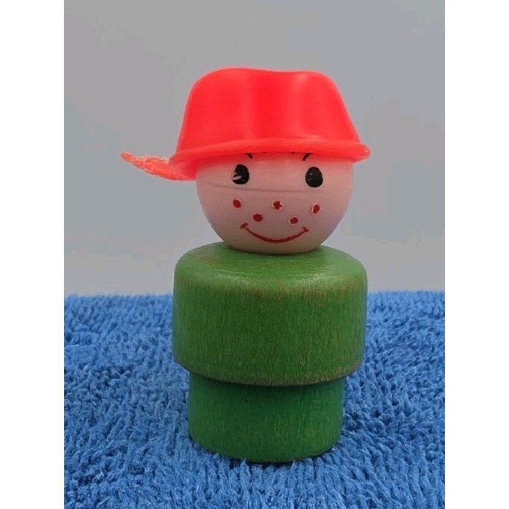 Fisher-Price Vintage Little People Wooden Freckled Boy Orange Hat Green Body